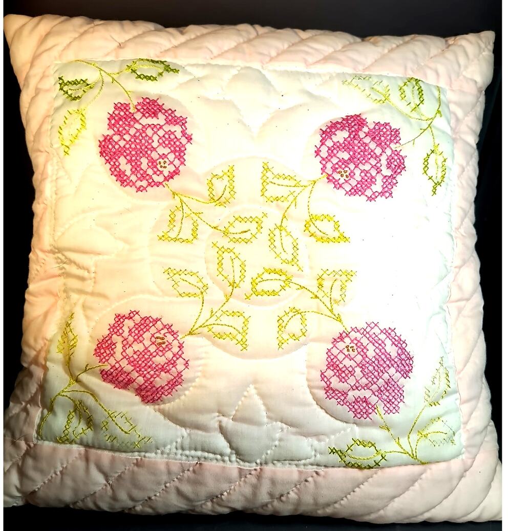 1268. Cross Stitched Vintage Toss Pillow Pink White